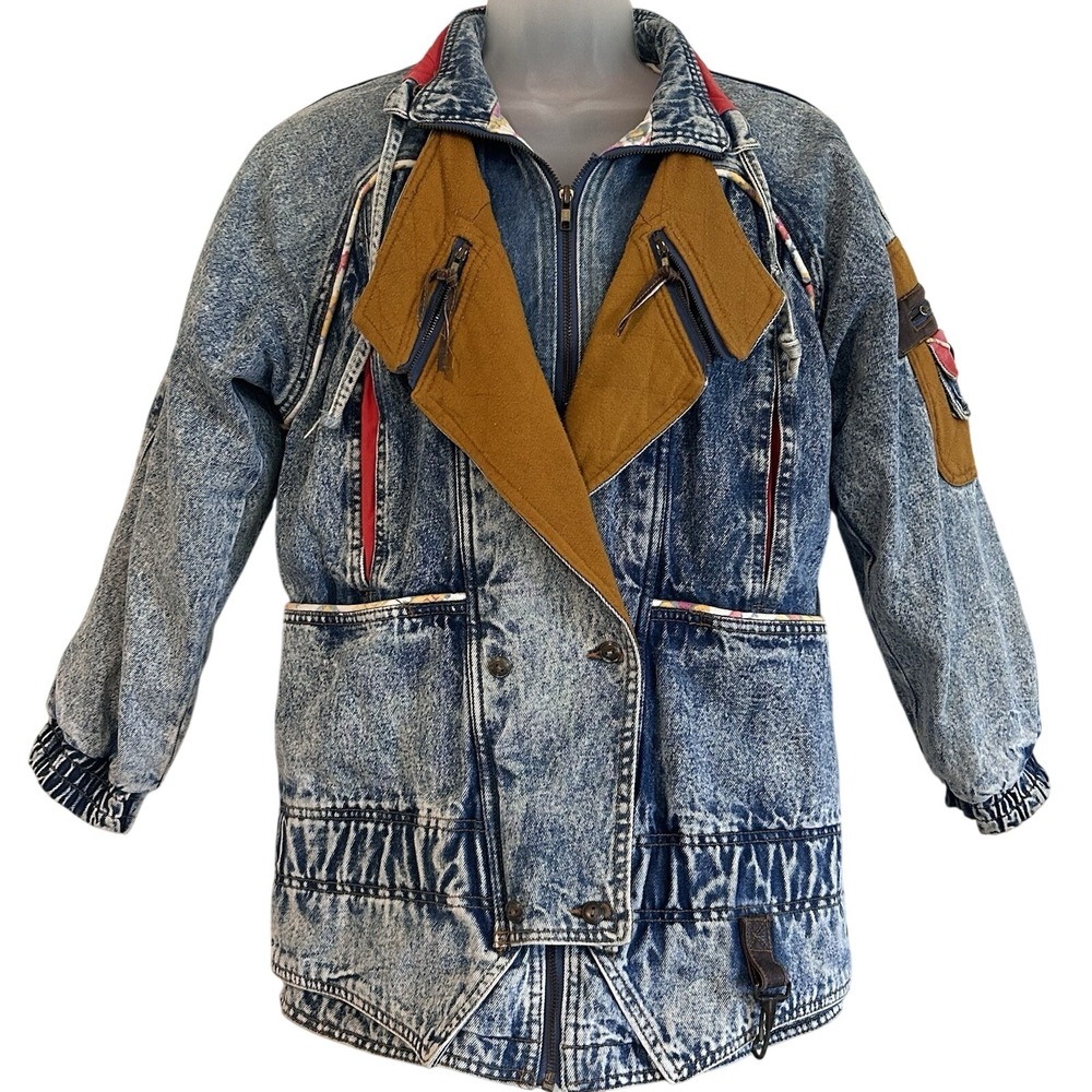 Vtg Faded Glory Acid Wash Jean Jacket Sz M 10-12 Retro 80's Lined Coat Aztec
